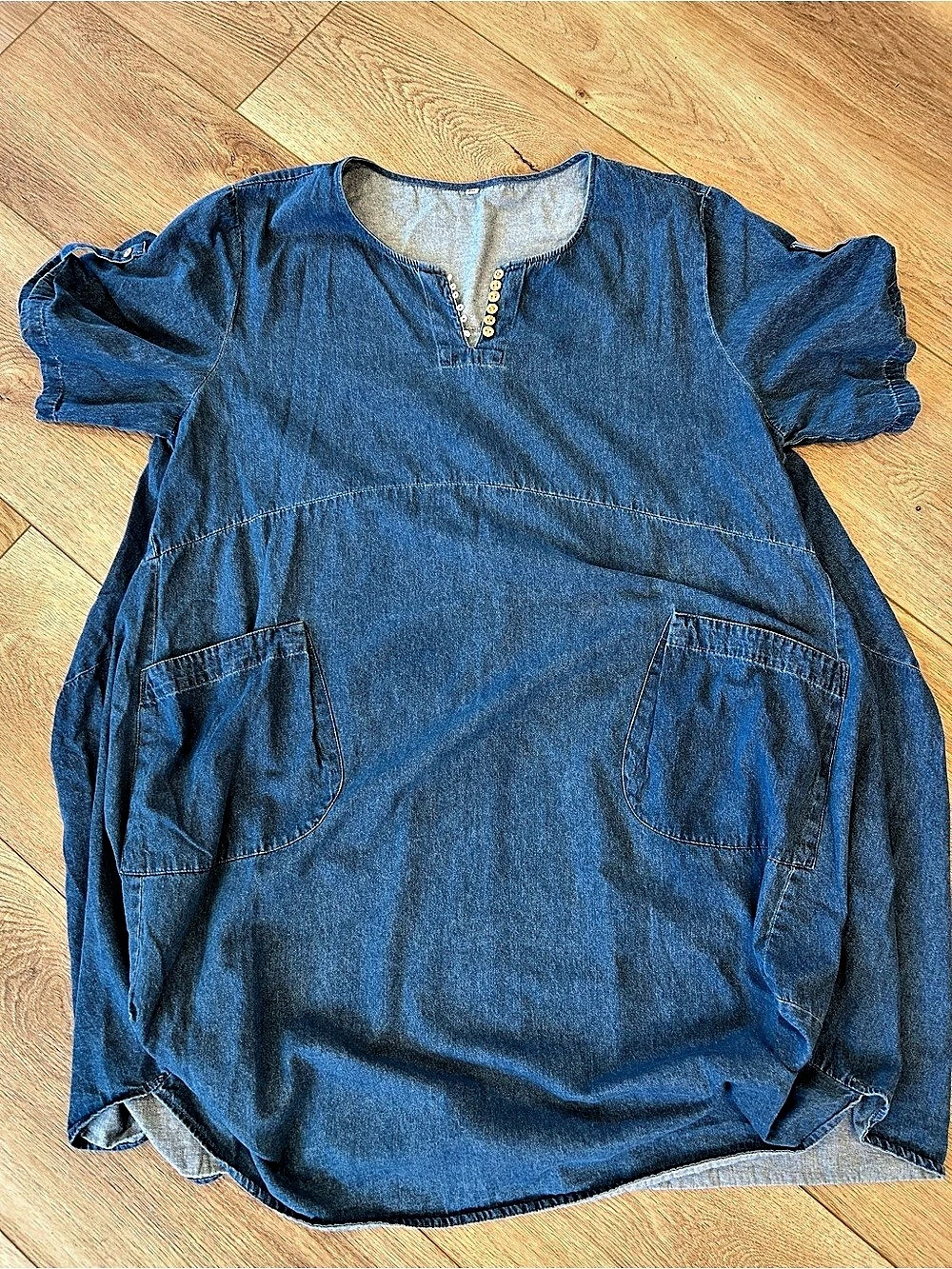 Blue Cotton Button Neck Tunic balloons dress with pockets 2xl